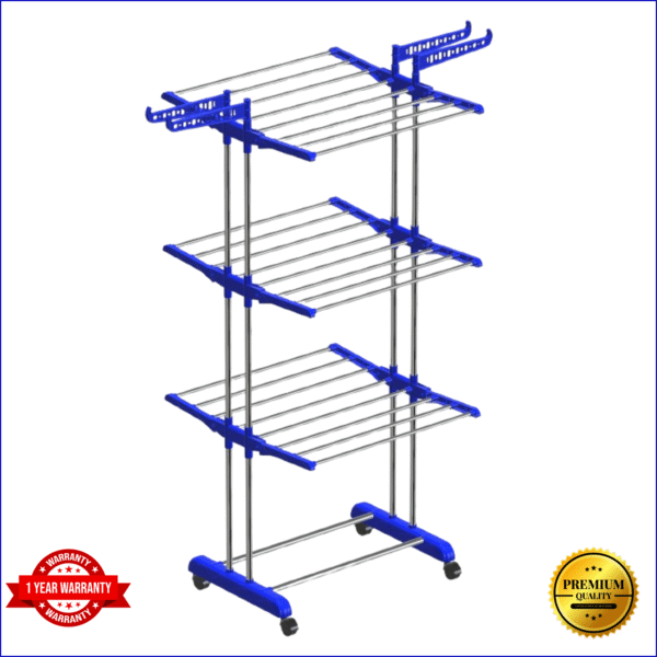 3-Tier Foldable Cloth Drying Stand – Blue | Rust-Free - Image 3