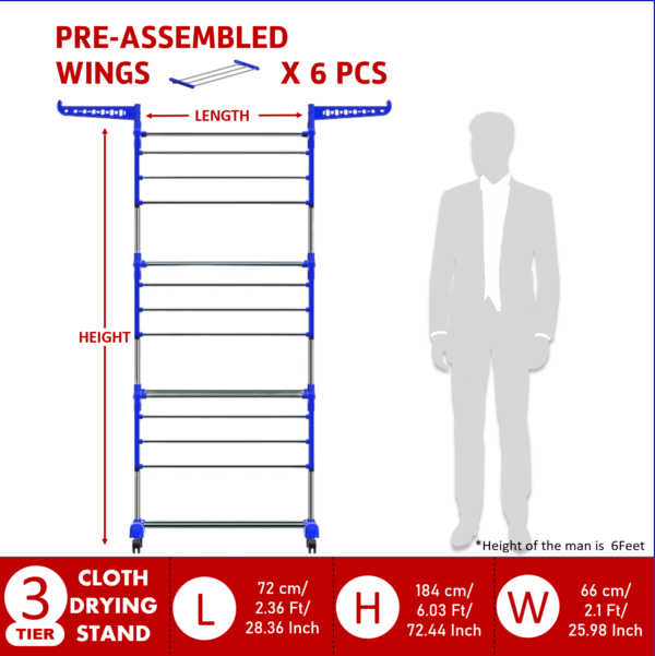3-Tier Foldable Cloth Drying Stand – Blue | Rust-Free - Image 5