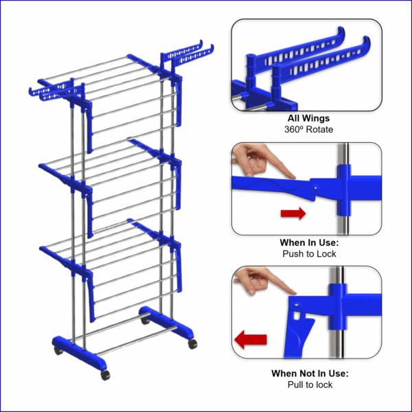 3-Tier Foldable Cloth Drying Stand – Blue | Rust-Free - Image 6