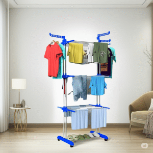 3-Tier Foldable Cloth Drying Stand – Blue | Rust-Free