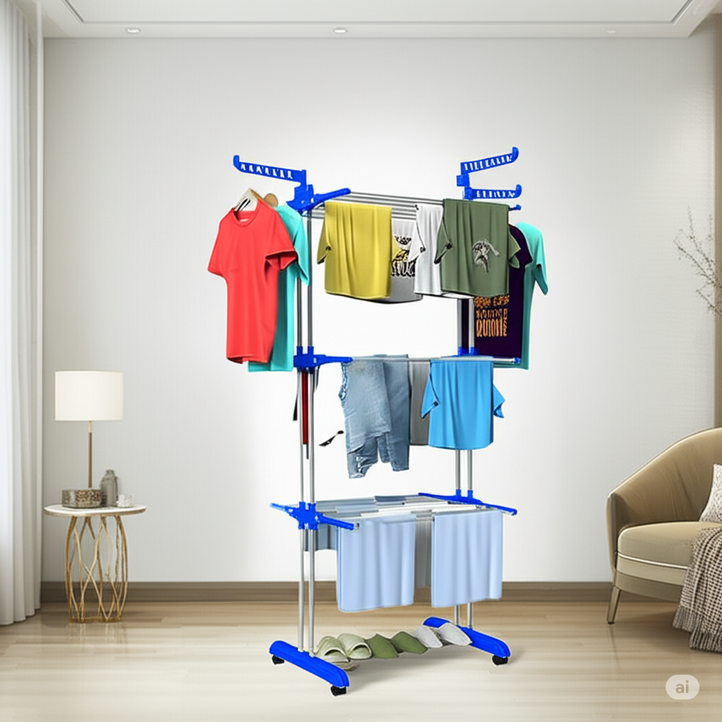 3-Tier Foldable Cloth Drying Stand – Blue | Rust-Free