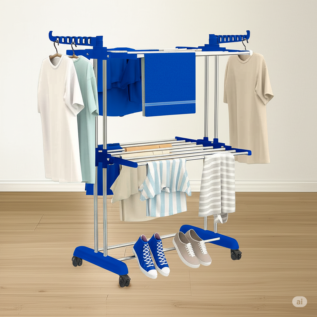 -Tier Foldable Cloth Drying Stand – Blue